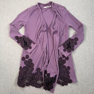 Soft Surroundings Purple Ribbed Lace Trim Cardigan Duster Women's Medium Open